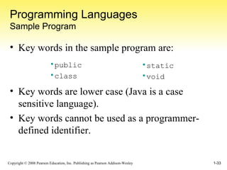 Programming Languages Sample Program Key words in the sample program are: Key words are lower case (Java is a case sensitive language). Key words cannot be used as a programmer-defined identifier. public class static void 