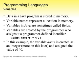 Programming Languages Variables Data in a Java program is stored in memory. Variable names represent a location in memory. Variables in Java are sometimes called fields. Variables are created by the programmer who assigns it a programmer-defined identifier. ex:  int hours = 40; In this example, the variable  hours  is created as an integer (more on this later) and assigned the value of 40. 