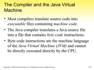 The Compiler and the Java Virtual Machine Most compilers translate source code into  executable  files containing  machine code . The Java compiler translates a Java source file into a file that contains  byte code  instructions. Byte code instructions are the machine language of the  Java Virtual Machine (JVM)  and cannot be directly executed directly by the CPU. 