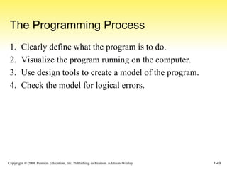 The Programming Process 1. Clearly define what the program is to do. 2. Visualize the program running on the computer. 3. Use design tools to create a model of the program. 4. Check the model for logical errors. 