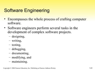 Software Engineering Encompasses the whole process of crafting computer software. Software engineers perform several tasks in the development of complex software projects. designing, writing, testing, debugging, documenting, modifying, and maintaining. 