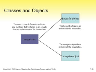 Classes and Objects Insect class The  Insect  class defines the attributes and methods that will exist in all objects that are an instances of the Insect class. housefly object The housefly object is an instance of the Insect class. mosquito object The mosquito object is an instance of the Insect class. 