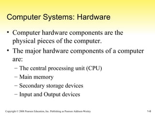 Computer Systems: Hardware Computer hardware components are the physical pieces of the computer. The major hardware components of a computer are: The central processing unit (CPU) Main memory Secondary storage devices Input and Output devices 