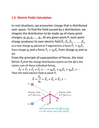 1.5 Electric Fields Calculation

In real situations, we encounter charge that is distributed
over space. To find the field caused by a distribution, we
imagine the distribution to be made up of many point
charges, q1,q2,q3…….qn. At any given point P, each point
charge produces its own electric field ଵ ଶ ଷ             ௡,
so a test charge q0 placed at P experiences a force ଵ   ଴ ଵ
from charge q1 and a force ଶ        ଴ ଶ from charge q2 and so
on.
From the principle of superposition of forces, the total
forces ଴ that the charge distribution exerts on the q0 is the
vector sum of these individual forces,
       ଴     ଵ     ଶ     ଷ          ଴ ଵ         ଴ ଶ   ଴ ଷ
Then the total electric field at point P,
                         ଴
                               ଵ     ଶ      ଷ
                         ଴
 