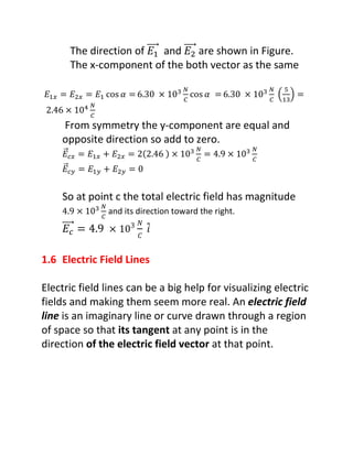 The direction of ଵ and ଶ are shown in Figure.
      The x-component of the both vector as the same

                                   ே                 ே   ହ
‫ܧ‬ଵ௫ ൌ ‫ܧ‬ଶ௫ ൌ ‫ܧ‬ଵ …‘• ߙ ൌ ͸Ǥ͵Ͳ ൈ ͳͲଷ …‘• ߙ ൌ ͸Ǥ͵Ͳ ൈ ͳͲଷ ቀ ቁ ൌ
                                   ஼                 ஼   ଵଷ
              ே
ʹǤͶ͸ ൈ   ͳͲସ
              ஼
    From symmetry the y-component are equal and
    opposite direction so add to zero.
                                    ே            ே
    ‫ܧ‬௖௫ ൌ ‫ܧ‬ଵ௫ ൅ ‫ܧ‬ଶ௫ ൌ ʹሺʹǤͶ͸ሻ ൈ ͳͲଷ ൌ ͶǤͻ ൈ ͳͲଷ
    ሬԦ
                                    ஼            ஼
    ሬԦ௖௬ ൌ ‫ܧ‬ଵ௬ ൅ ‫ܧ‬ଶ௬ ൌ Ͳ
    ‫ܧ‬


    So at point c the total electric field has magnitude
                  ே
    ͶǤͻ ൈ ͳͲଷ and its direction toward the right.
                  ஼
                      ͵ܰ
      ௖                ‫ܥ‬


1.6 Electric Field Lines

Electric field lines can be a big help for visualizing electric
fields and making them seem more real. An electric field
line is an imaginary line or curve drawn through a region
of space so that its tangent at any point is in the
direction of the electric field vector at that point.
 