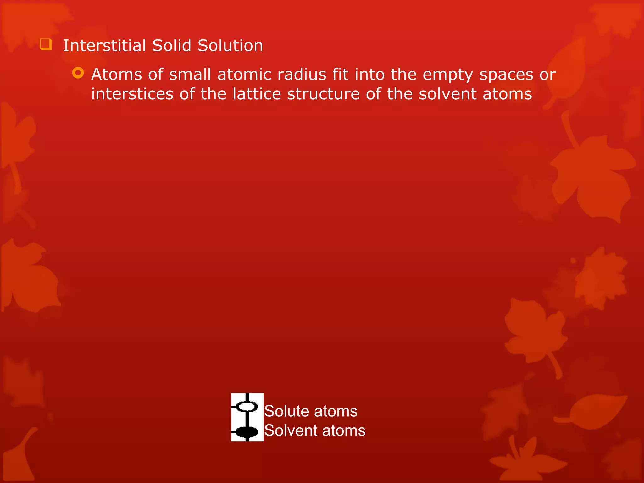 Interstitial Solid Solution  Atoms of small atomic radius fit into the empty spaces or interstices of the lattice structure of the solvent atoms  Solute atoms  Solvent atoms  