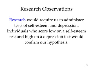 Research  would require us to administer tests of self-esteem and depression. Individuals who score low on a self-esteem test and high on a depression test would confirm our hypothesis. Research Observations 