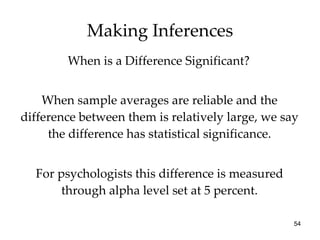 Making Inferences When sample averages are reliable and the difference between them is relatively large, we say the difference has statistical significance. For psychologists this difference is measured through alpha level set at 5 percent. When is a Difference Significant? 