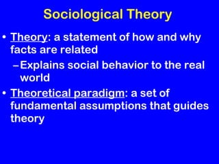 Sociological Theory Theory : a statement of how and why facts are related Explains social behavior to the real world Theoretical paradigm : a set of fundamental assumptions that guides theory 