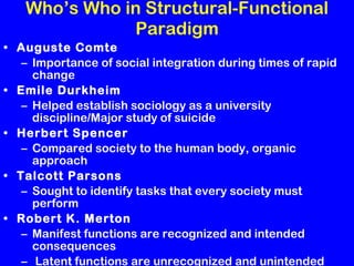 Who’s Who in Structural-Functional Paradigm Auguste Comte Importance of social integration during times of rapid change Emile Durkheim Helped establish sociology as a university discipline/Major study of suicide Herbert Spencer Compared society to the human body, organic approach Talcott Parsons Sought to identify tasks that every society must perform Robert K. Merton Manifest functions are recognized and intended consequences Latent functions are unrecognized and unintended consequences Social dysfunctions are undesirable consequences  