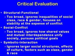 Critical Evaluation Structural-Functional Too broad, ignores inequalities of social class, race & gender, focuses on stability at the expense of conflict Social-Conflict Too broad, ignores how shared values and mutual interdependence unify society, pursues political goals Symbolic-Interaction Ignores larger social structures, effects of culture, factors such as class, gender & race 
