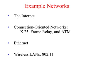 Example Networks The Internet Connection-Oriented Networks:   X.25, Frame Relay, and ATM Ethernet Wireless LANs: 802:11 