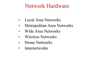 Network Hardware Local Area Networks Metropolitan Area Networks Wide Area Networks Wireless Networks Home Networks Internetworks 