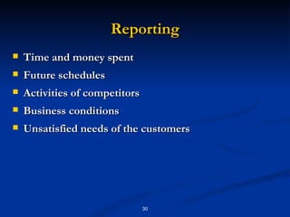 Reporting Time and money spent Future schedules Activities of competitors Business conditions Unsatisfied needs of the customers 