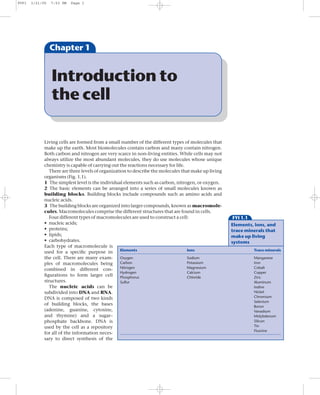 PYF1   3/21/05   7:53 PM   Page 1




                 Chapter 1


                 Introduction to
                 the cell

             Living cells are formed from a small number of the different types of molecules that
             make up the earth. Most biomolecules contain carbon and many contain nitrogen.
             Both carbon and nitrogen are very scarce in non-living entities. While cells may not
             always utilize the most abundant molecules, they do use molecules whose unique
             chemistry is capable of carrying out the reactions necessary for life.
                There are three levels of organization to describe the molecules that make up living
             organisms (Fig. 1.1).
             1 The simplest level is the individual elements such as carbon, nitrogen, or oxygen.
             2 The basic elements can be arranged into a series of small molecules known as
             building blocks. Building blocks include compounds such as amino acids and
             nucleic acids.
             3 The building blocks are organized into larger compounds, known as macromole-
             cules. Macromolecules comprise the different structures that are found in cells.
                Four different types of macromolecules are used to construct a cell:                   FYI 1.1
             • nucleic acids;                                                                          Elements, ions, and
             • proteins;                                                                               trace minerals that
             • lipids;                                                                                 make up living
             • carbohydrates.                                                                          systems
             Each type of macromolecule is
                                                    Elements                        Ions                         Trace minerals
             used for a speciﬁc purpose in
             the cell. There are many exam-         Oxygen                          Sodium                       Manganese
             ples of macromolecules being           Carbon                          Potassium                    Iron
                                                    Nitrogen                        Magnesium                    Cobalt
             combined in different con-
                                                    Hydrogen                        Calcium                      Copper
             ﬁgurations to form larger cell         Phosphorus                      Chloride                     Zinc
             structures.                            Sulfur                                                       Aluminum
                The nucleic acids can be                                                                         Iodine
             subdivided into DNA and RNA.                                                                        Nickel
             DNA is composed of two kinds                                                                        Chromium
                                                                                                                 Selenium
             of building blocks, the bases                                                                       Boron
             (adenine, guanine, cytosine,                                                                        Vanadium
             and thymine) and a sugar–                                                                           Molybdenum
             phosphate backbone. DNA is                                                                          Silicon
             used by the cell as a repository                                                                    Tin
                                                                                                                 Fluorine
             for all of the information neces-
             sary to direct synthesis of the
 