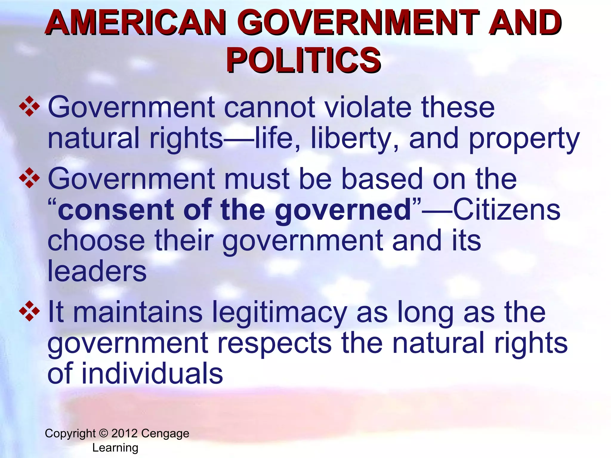 AMERICAN GOVERNMENT AND POLITICS Government cannot violate these natural rights—life, liberty, and property Government must be based on the “ consent of the governed ”—Citizens choose their government and its leaders It maintains legitimacy as long as the government respects the natural rights of individuals Copyright © 2012 Cengage Learning  