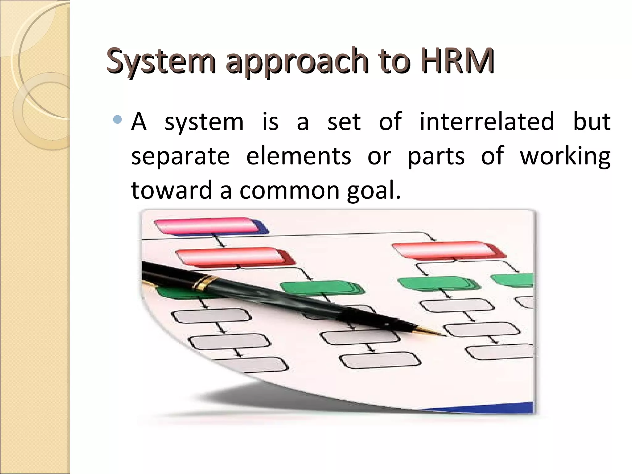 System approach to HRM  A system is a set of interrelated but separate elements or parts of working toward a common goal.  