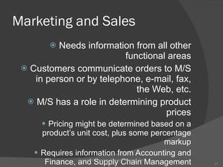 Marketing and Sales Needs information from all other functional areas Customers communicate orders to M/S in person or by telephone, e-mail, fax, the Web, etc. M/S has a role in determining product prices Pricing might be determined based on a product’s unit cost, plus some percentage markup Requires information from Accounting and Finance, and Supply Chain Management data Concepts in Enterprise Resource Planning, Third Edition 