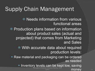 Supply Chain Management Needs information from various functional areas Production plans based on information about product sales (actual and projected) that comes from Marketing and Sales With accurate data about required production levels: Raw material and packaging can be ordered as needed Inventory levels can be kept low, saving money Concepts in Enterprise Resource Planning, Third Edition 
