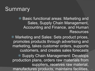 Summary Basic functional areas: Marketing and Sales, Supply Chain Management, Accounting and Finance, and Human Resources Marketing and Sales: Sets product prices, promotes products through advertising and marketing, takes customer orders, supports customers, and creates sales forecasts Supply Chain Management: Develops production plans, orders raw materials from suppliers, receives raw material, manufactures products, maintains facilities, and ships products to customers Concepts in Enterprise Resource Planning, Third Edition 