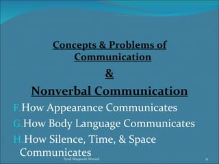 Concepts & Problems of
          Communication
              &
   Nonverbal Communication
F.How Appearance Communicates
G.How Body Language Communicates
H.How Silence, Time, & Space
 Communicates
         Syed Maqsood Ahmed        31
 