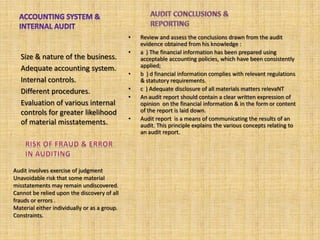 •   Review and assess the conclusions drawn from the audit
                                                  evidence obtained from his knowledge :
                                              •   a ) The financial information has been prepared using
   Size & nature of the business.                 acceptable accounting policies, which have been consistently
   Adequate accounting system.                    applied;
                                              •   b ) d financial information complies with relevant regulations
   Internal controls.                             & statutory requirements.
   Different procedures.                      •   c ) Adequate disclosure of all materials matters relevaNT
                                              •   An audit report should contain a clear written expression of
   Evaluation of various internal                 opinion on the financial information & in the form or content
   controls for greater likelihood                of the report is laid down.
                                              •   Audit report is a means of communicating the results of an
   of material misstatements.                     audit. This principle explains the various concepts relating to
                                                  an audit report.




Audit involves exercise of judgment
Unavoidable risk that some material
misstatements may remain undiscovered.
Cannot be relied upon the discovery of all
frauds or errors .
Material either individually or as a group.
Constraints.
 