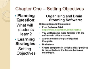 Chapter One – Setting Objectives
 Planning          Organizing and Brain
 Question:           Storming Software:
               Kidspiration and Inspiration:
 What will      Free Software Trial:
  students       http://www.inspiration.com/Freetrial
                You will become more familiar with the
    learn?       software in other courses.
 Learning      Allows students to plan/organize
                 thoughts.
 Strategies:    Brainstorm
                Create templates in which a clear purpose
  Setting        is presented and the lesson becomes
 Objectives      meaningful.
 