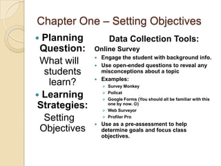 Chapter One – Setting Objectives
 Planning            Data Collection Tools:
 Question:     Online Survey
                  Engage the student with background info.
 What will        Use open-ended questions to reveal any
  students         misconceptions about a topic
                  Examples:
    learn?          Survey Monkey
                    Pollcat
 Learning          Google Forms (You should all be familiar with this
 Strategies:         one by now. )
                    Web Surveyor

  Setting           Profiler Pro
                  Use as a pre-assessment to help
 Objectives        determine goals and focus class
                   objectives.
 