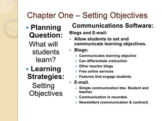 Chapter One – Setting Objectives
 Planning         Communications Software:
               Blogs and E-mail:
 Question:      Allow students to set and
 What will       communicate learning objectives.
                Blogs:
  students            Communicates learning objective
    learn?            Can differentiate instruction
                      Other teacher blogs
 Learning            Free online services
 Strategies:          Features that engage students
                  E-mail.
  Setting           Simple communication btw. Student and
                     teacher.
 Objectives         Communication is recorded.
                    Newsletters (communication & contract)
 