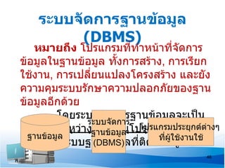 ระบบจัดการฐานข้อมูล
          (DBMS)
     หมายถึง โปรแกรมที่ทำาหน้าที่จัดการ
ข้อมูลในฐานข้อมูล ทั้งการสร้าง, การเรียก
ใช้งาน, การเปลี่ยนแปลงโครงสร้าง และยัง
ความคุมระบบรักษาความปลอกภัยของฐาน
ข้อมูลอีกด้วย
           โดยระบบจัดการฐานข้อมูลจะเป็น
                ระบบจัดการ
สือกลางระหว่างผู้ใช้อมูล โปรแกรมประยุกกต่างๆ
  ่              ฐานข้ งานโปรแกรมประยุ ต์ ต์
    ฐานข้อมูล                  ที่ผใช้งานใช้
                                   ู้
ต่างๆ กับระบบฐานข้อมูลที่ติดต่ออยู่
                 (DBMS)
                                         46
 