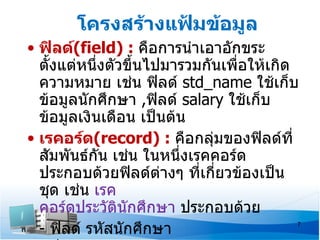 โครงสร้างแฟ้มข้อมูล
• ฟิลด์(field) : คือการนำาเอาอักขระ
  ตั้งแต่หนึ่งตัวขึ้นไปมารวมกันเพื่อให้เกิด
  ความหมาย เช่น ฟิลด์ std_name ใช้เก็บ
  ข้อมูลนักศึกษา ,ฟิลด์ salary ใช้เก็บ
  ข้อมูลเงินเดือน เป็นต้น
• เรคอร์ด(record) : คือกลุ่มของฟิลด์ที่
  สัมพันธ์กัน เช่น ในหนึ่งเรคคอร์ด
  ประกอบด้วยฟิลด์ต่างๆ ที่เกี่ยวข้องเป็น
  ชุด เช่น เรค
  คอร์ดประวัตินักศึกษา ประกอบด้วย
  - ฟิลด์ รหัสนักศึกษา                    7
 