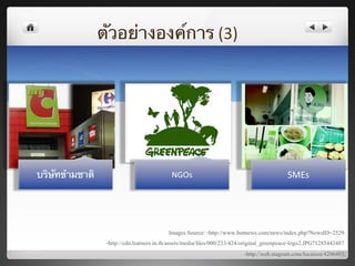 ตัวอย่างองค์การ	
  (3)	
  




บริษัทข้ามชาติ	
                                 NGOs	
                                           SMEs	
  




                                                   Images Source: -http://www.bsnnews.com/news/index.php?NewsID=25298
                      -http://cdn.learners.in.th/assets/media/ﬁles/000/233/424/original_greenpeace-logo2.JPG?12854424878
                                                                                  -http://web.stagram.com/location/42064858
 