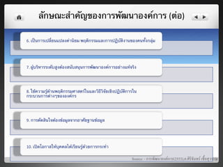 ลักษณะสําคัญของการพัฒนาองค์การ (ต่อ)	
  

6.	
  เป็นการเปลี่ยนแปลงค่านิยม พฤติกรรมและการปฏิบัติงานของคนทั้งกลุ่ม	
  




7. ผู้บริหารระดับสูงต้องสนับสนุนการพัฒนาองค์การอย่างแท้จริง	
  




8. ใช้ความรู้ด้านพฤติกรรมศาสตร์ในและวิธีวิจัยเชิงปฏิบัติการใน
กระบวนการต่างๆขององค์กร	
  




9.	
  การตัดสินใจต้องข้อมูลจากอาศัยฐานข้อมูล 	
  




10.	
  เปิดโอกาสให้บุคคลได้เรียนรู้ด้วยการกระทํา	
  

                                                            Source: - การพัฒนาองคการ(2553),อ.ศิริจันทร เชื้อสุวรรณ8
 