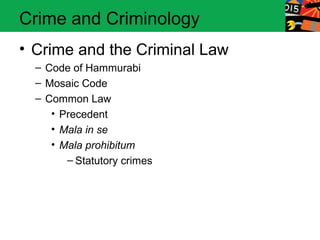 Crime and Criminology 
• Crime and the Criminal Law 
– Code of Hammurabi 
– Mosaic Code 
– Common Law 
• Precedent 
• Mala in se 
• Mala prohibitum 
– Statutory crimes 
 