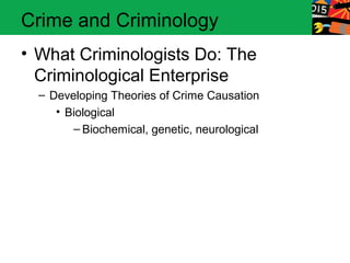 Crime and Criminology 
• What Criminologists Do: The 
Criminological Enterprise 
– Developing Theories of Crime Causation 
• Biological 
– Biochemical, genetic, neurological 
 