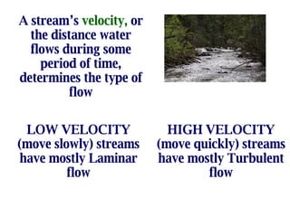 A stream’s  velocity,  or the distance water flows during some period of time, determines the type of flow LOW VELOCITY (move slowly) streams have mostly Laminar flow HIGH VELOCITY (move quickly) streams have mostly Turbulent flow 