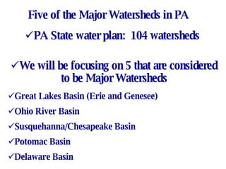 Five of the Major Watersheds in PA PA State water plan:  104 watersheds We will be focusing on 5 that are considered to be Major Watersheds Great Lakes Basin (Erie and Genesee) Ohio River Basin Susquehanna/Chesapeake Basin Potomac Basin Delaware Basin 