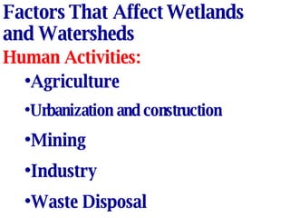Factors That Affect Wetlands and Watersheds Human Activities: Agriculture Urbanization and construction Mining Industry Waste Disposal 