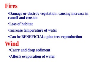 Fires Damage or destroy vegetation; causing increase in runoff and erosion Loss of habitat Increase temperature of water Can be BENEFICIAL; pine tree reproduction Wind Carry and drop sediment Affects evaporation of water 