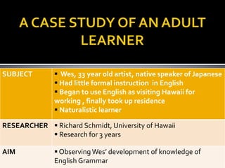 SUBJECT         Wes, 33 year old artist, native speaker of Japanese
                Had little formal instruction in English
                Began to use English as visiting Hawaii for
               working , finally took up residence
                Naturalistic learner

RESEARCHER  Richard Schmidt, University of Hawaii
            Research for 3 years

AIM             Observing Wes’ development of knowledge of
               English Grammar
 