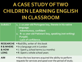 SUBJECT     1. J: 10 year-old Portugese boy, literate in his native
              language.
              - Adventurous, confident
            2. R: 11 year-old Pakistani boy, speaking (not writing)
               Punjabi.
              - Lack of confidence,
RESEARCHE    Rod Ellis, writer of this book
R & WHERE    In a language unit in London
& HOW        J : Spent 4 school terms (12 months)
LONG         R :Spent 2 whole school years
AIM          How the two learners acquired the ability to perform
            requests for services and good over the period of study.
 