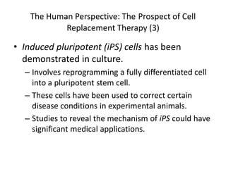 The Human Perspective: The Prospect of Cell
            Replacement Therapy (3)

• Induced pluripotent (iPS) cells has been
  demonstrated in culture.
  – Involves reprogramming a fully differentiated cell
    into a pluripotent stem cell.
  – These cells have been used to correct certain
    disease conditions in experimental animals.
  – Studies to reveal the mechanism of iPS could have
    significant medical applications.
 