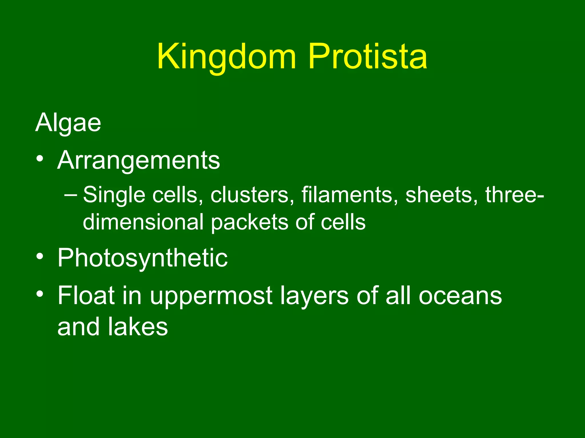 Kingdom Protista
Algae
• Arrangements
  – Single cells, clusters, filaments, sheets, three-
    dimensional packets of cells
• Photosynthetic
• Float in uppermost layers of all oceans
  and lakes
 