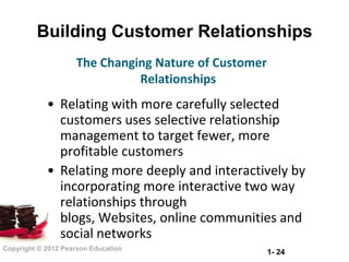 Building Customer Relationships
                    The Changing Nature of Customer
                              Relationships
            • Relating with more carefully selected
              customers uses selective relationship
              management to target fewer, more
              profitable customers
            • Relating more deeply and interactively by
              incorporating more interactive two way
              relationships through
              blogs, Websites, online communities and
              social networks
Copyright © 2012 Pearson Education
                                                      1- 24
 