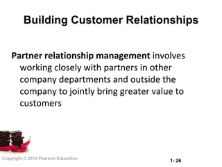Building Customer Relationships


    Partner relationship management involves
      working closely with partners in other
      company departments and outside the
      company to jointly bring greater value to
      customers




Copyright © 2012 Pearson Education
                                           1- 26
 