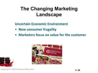 The Changing Marketing
                         Landscape
              Uncertain Economic Environment
              • New consumer frugality
              • Marketers focus on value for the customer




Copyright © 2012 Pearson Education
                                                  1- 34
 