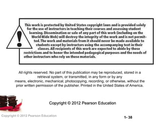 All rights reserved. No part of this publication may be reproduced, stored in a
                       retrieval system, or transmitted, in any form or by any
        means, electronic, mechanical, photocopying, recording, or otherwise, without the
        prior written permission of the publisher. Printed in the United States of America.



                             Copyright © 2012 Pearson Education


Copyright © 2012 Pearson Education
                                                                             1- 38
 
