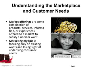 Understanding the Marketplace
               and Customer Needs

     • Market offerings are some
       combination of
       products, services, informa
       tion, or experiences
       offered to a market to
       satisfy a need or want
     • Marketing myopia is
       focusing only on existing
       wants and losing sight of
       underlying consumer
       needs


Copyright © 2012 Pearson Education
                                     1- 6
 