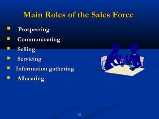 Main Roles of the Sales Force
   Prospecting
   Communicating
   Selling
   Servicing
   Information gathering
   Allocating




                            22
 