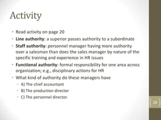 Activity
• Read activity on page 20
• Line authority: a superior passes authority to a subordinate
• Staff authority: personnel manager having more authority
  over a salesman than does the sales manager by nature of the
  specific training and experience in HR issues
• Functional authority: formal responsibility for one area across
  organization; e.g., disciplinary actions for HR
• What kind of authority do these managers have
  • A) The chief accountant
  • B) The production director
  • C) The personnel director.
                                                                    28
 